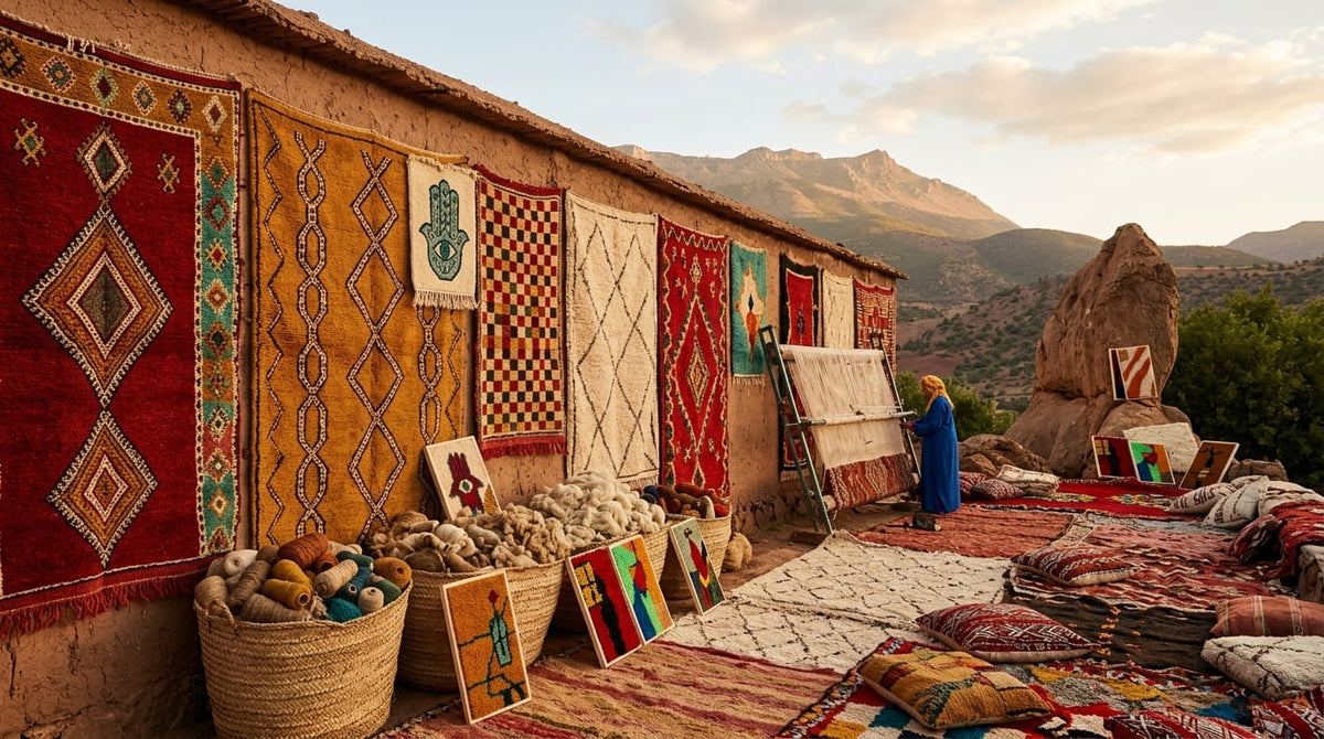 Moroccan rugs hanging in a Marrakech workshop — authentic Berber collection