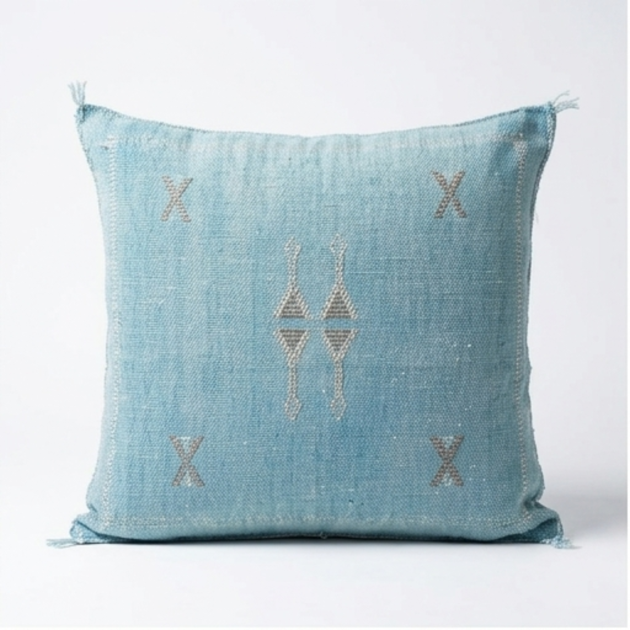 Sky Blue Moroccan sabra cactus silk pillow with Berber embroidery, 50x50 cm