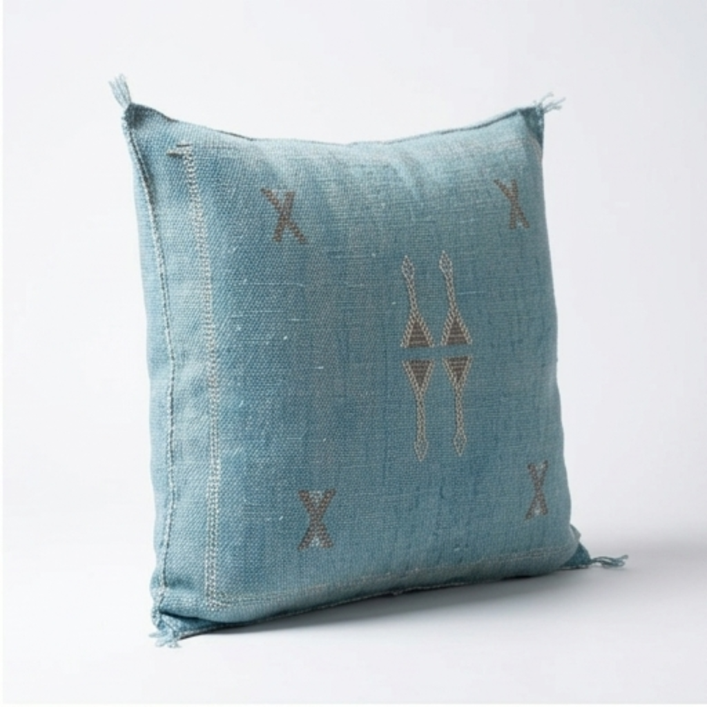 Sky Blue Moroccan sabra cactus silk pillow with Berber embroidery, 50x50 cm