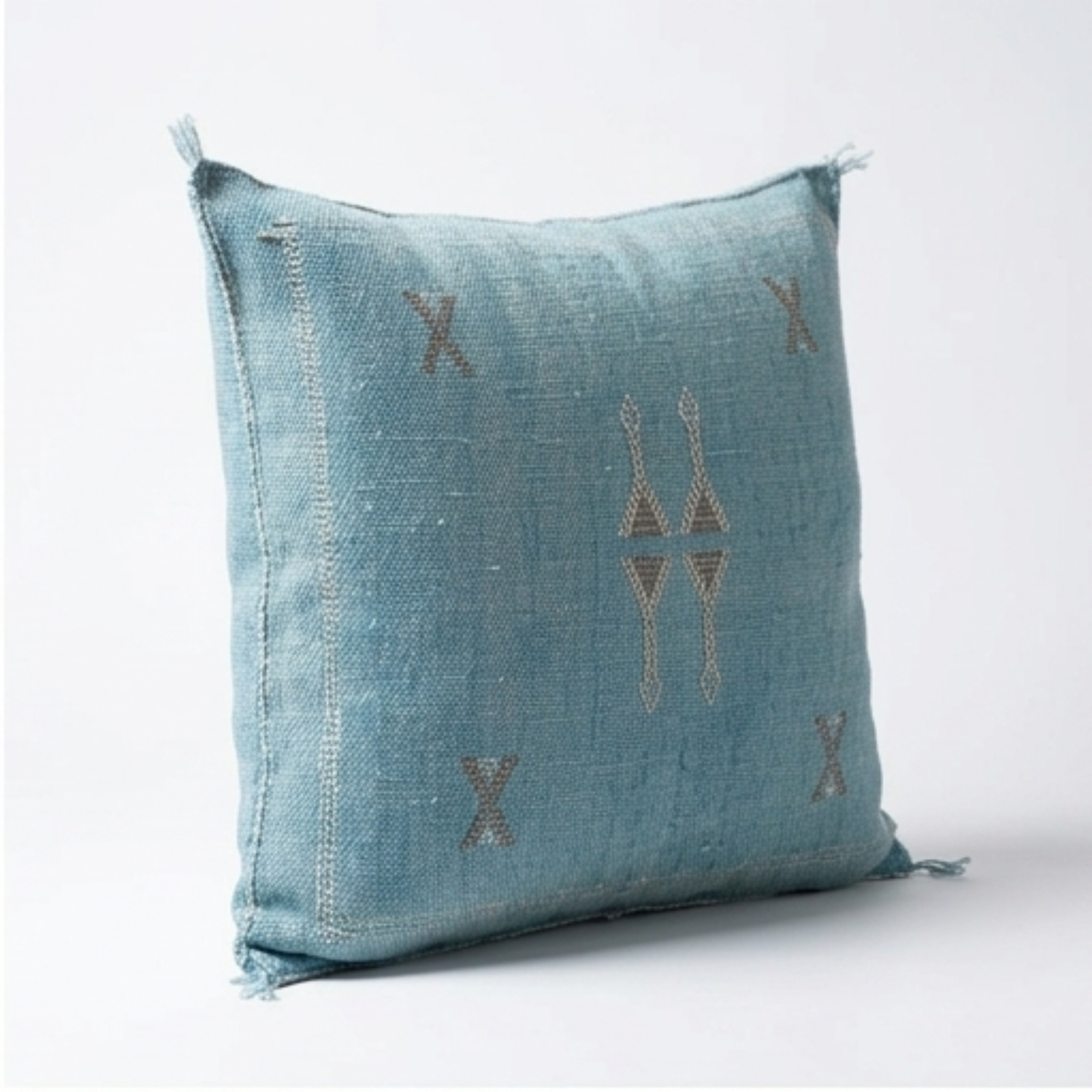 Sky Blue Moroccan sabra cactus silk pillow with Berber embroidery, 50x50 cm