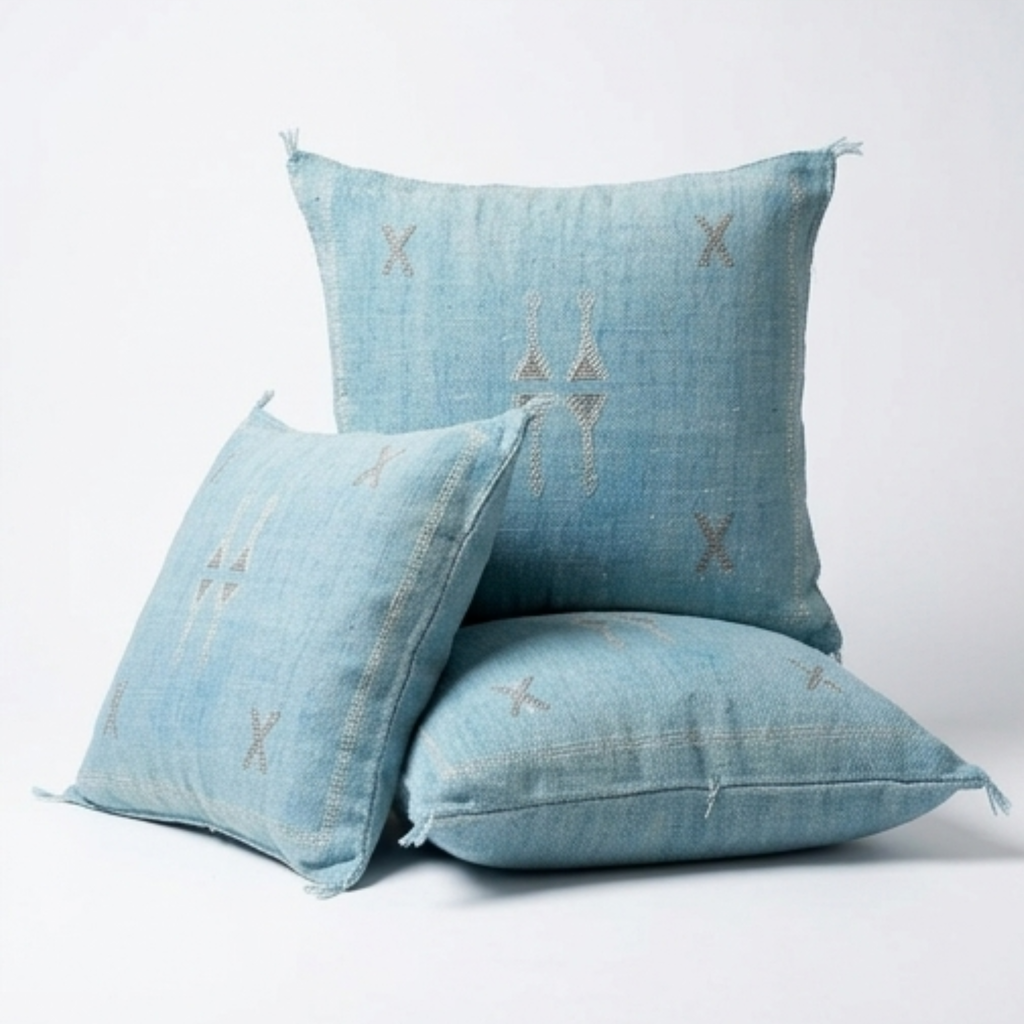 Sky Blue Moroccan sabra cactus silk pillow with Berber embroidery, 50x50 cm