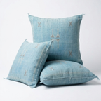 Sky Blue Moroccan sabra cactus silk pillow with Berber embroidery, 50x50 cm