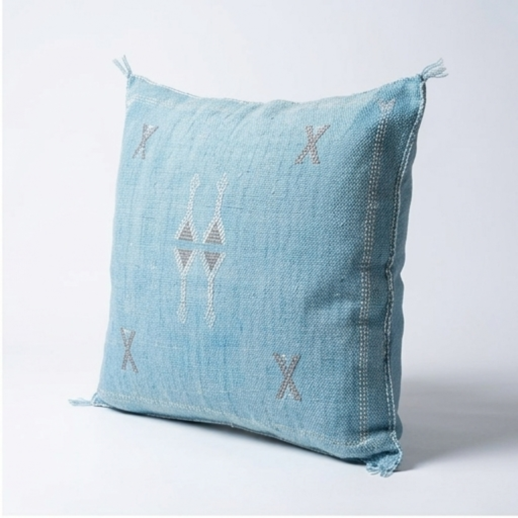 Sky Blue Moroccan sabra cactus silk pillow with Berber embroidery, 50x50 cm
