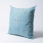 Sky Blue Moroccan sabra cactus silk pillow with Berber embroidery, 50x50 cm