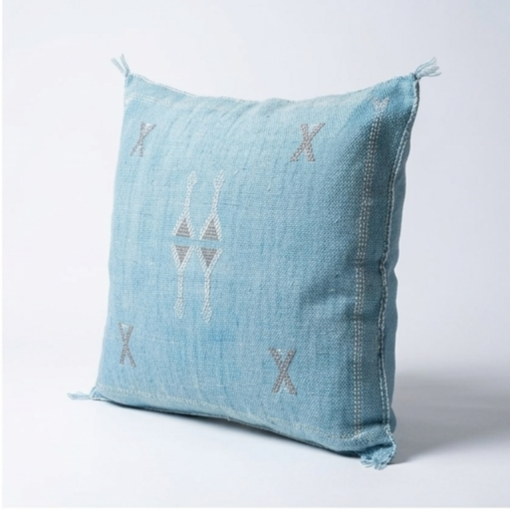 Sky Blue Moroccan sabra cactus silk pillow with Berber embroidery, 50x50 cm