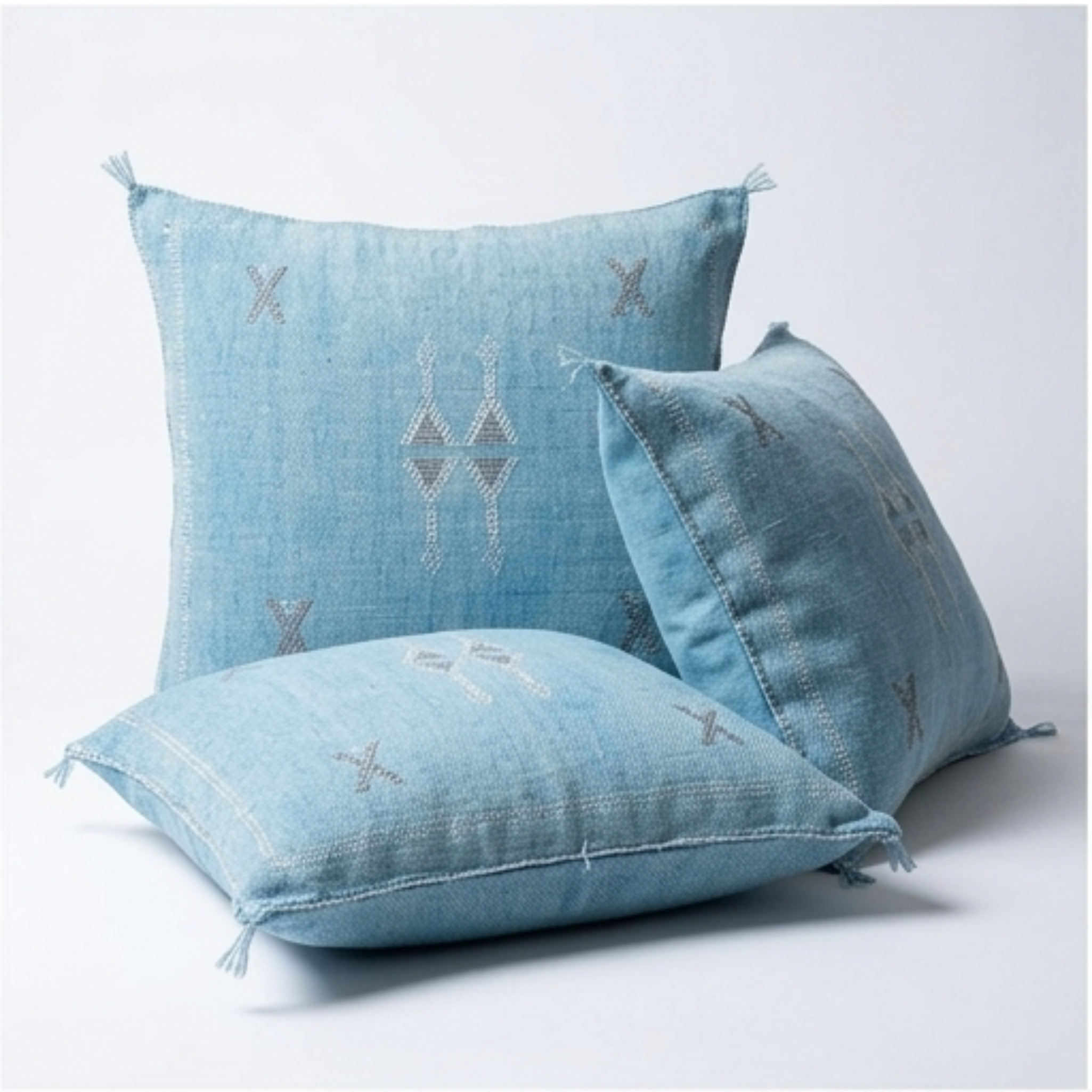 Sky Blue Moroccan sabra cactus silk pillow with Berber embroidery, 50x50 cm