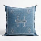 Steel Blue Moroccan sabra cactus silk pillow with Berber embroidery, 50x50 cm