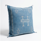 Steel Blue Moroccan sabra cactus silk pillow with Berber embroidery, 50x50 cm