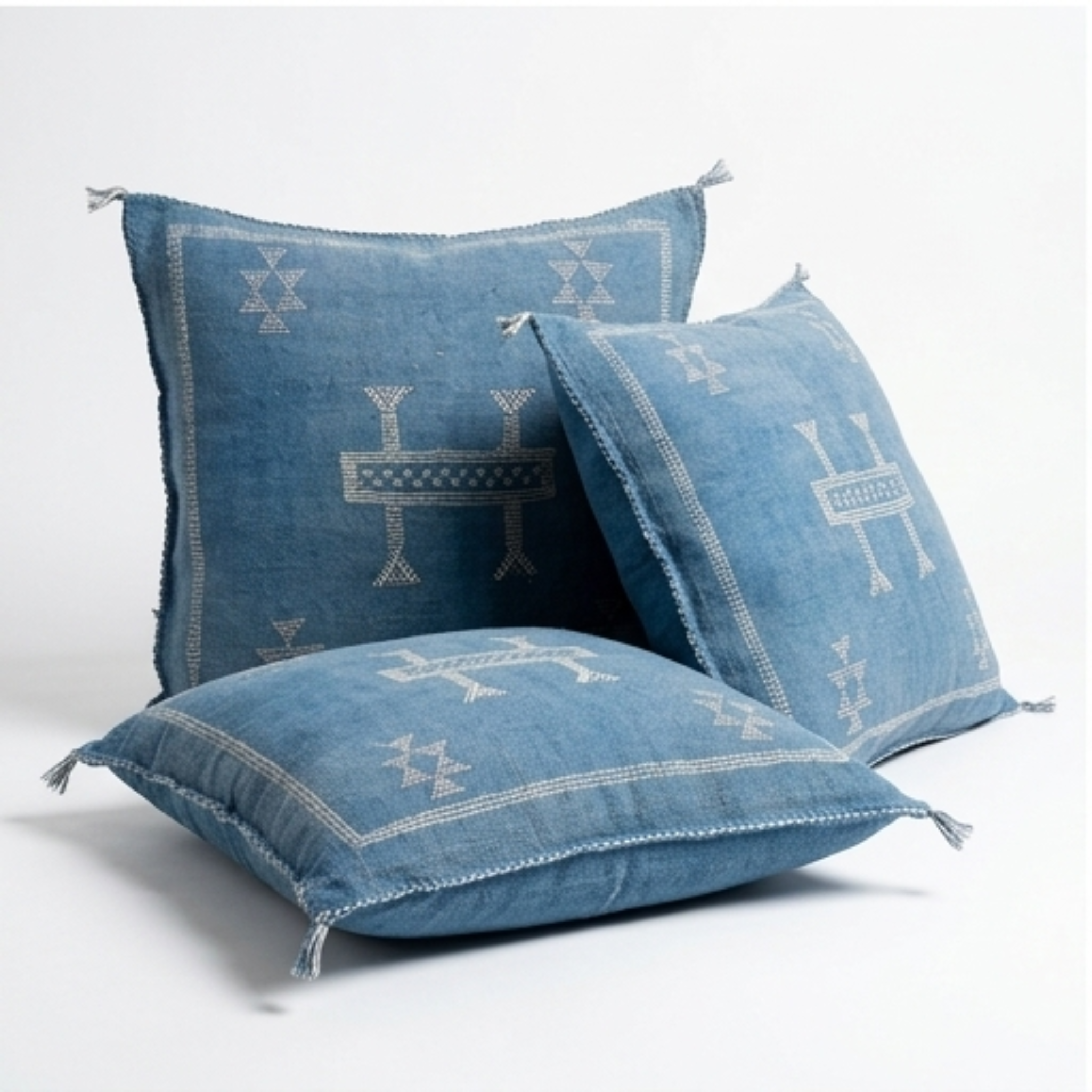 Steel Blue Moroccan sabra cactus silk pillow with Berber embroidery, 50x50 cm