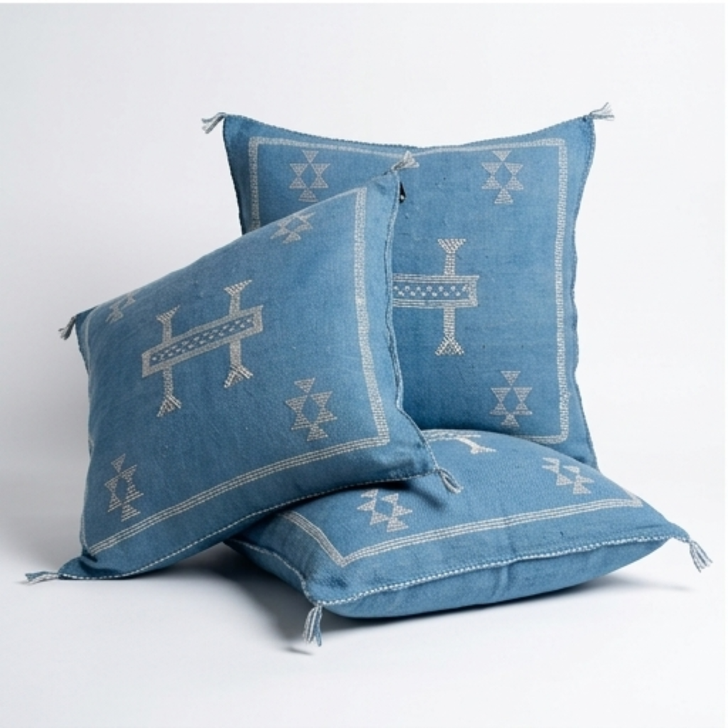 Steel Blue Moroccan sabra cactus silk pillow with Berber embroidery, 50x50 cm