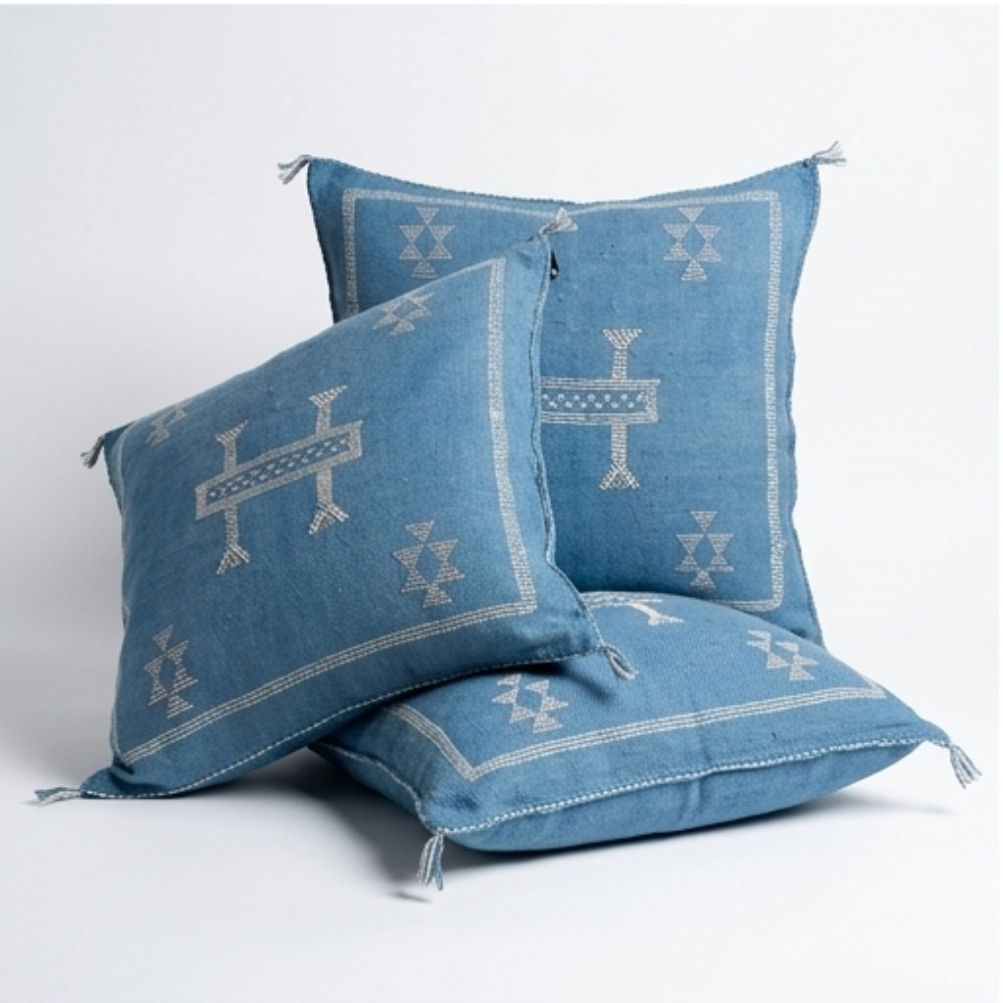 Steel Blue Moroccan sabra cactus silk pillow with Berber embroidery, 50x50 cm
