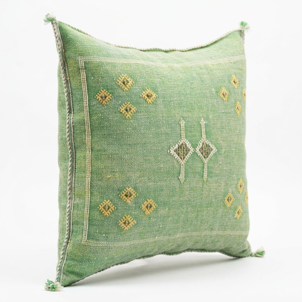 Green Moroccan sabra cactus silk pillow with Berber embroidery, 50x50 cm
