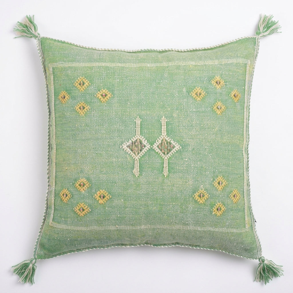 Green sabra cushion cover detail, handwoven Morocco