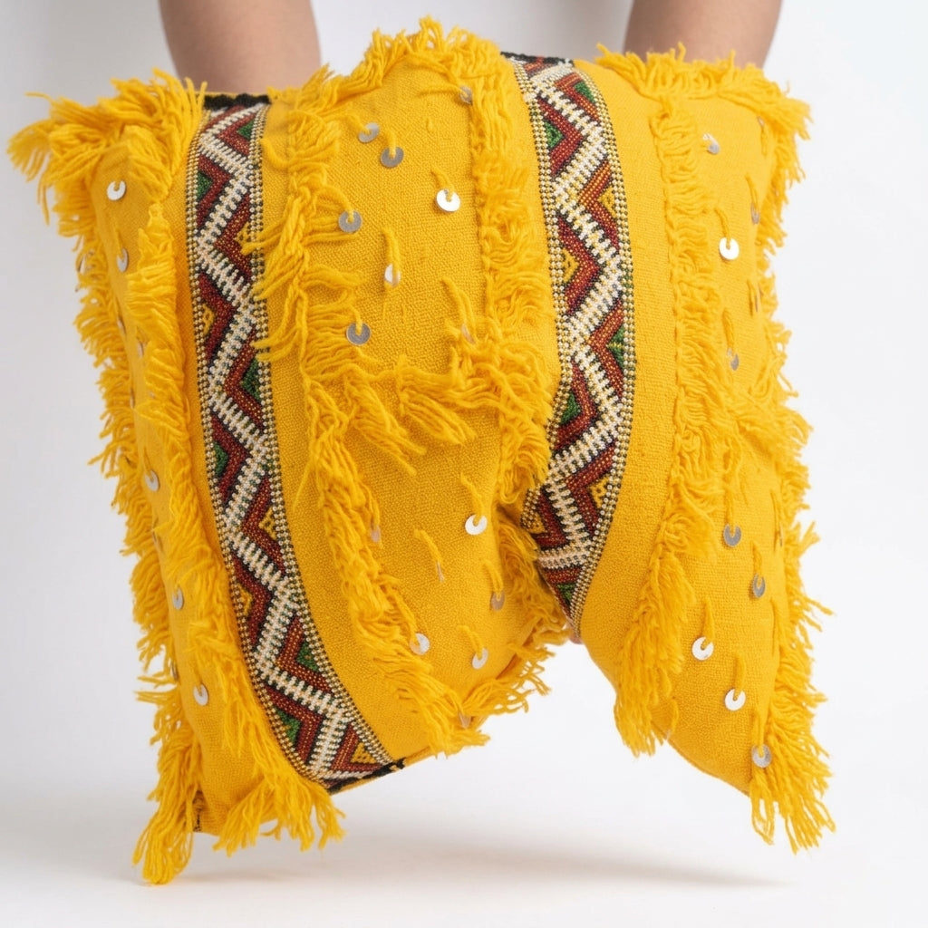 Saffron Fringe Moroccan pillow cover 45x45 cm, studio photo