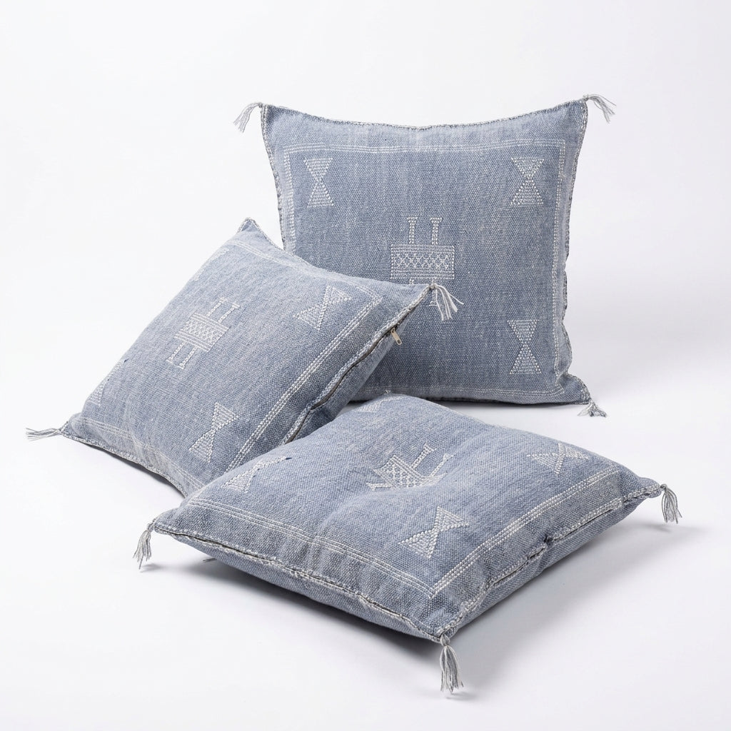 Dove blue Moroccan sabra cactus silk pillow cover, 50x50 cm