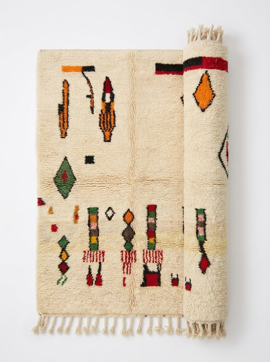 Harvest Symbols Beni Ourain rug half-rolled on white studio background