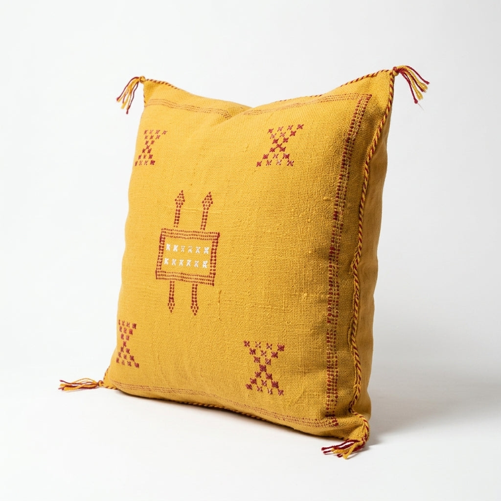 Mustard yellow Moroccan sabra cactus silk pillow cover, 50x50 cm