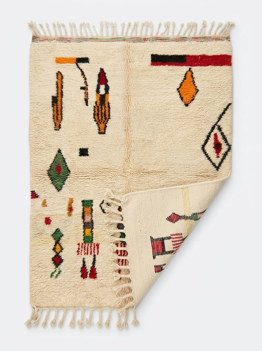 Harvest Symbols Beni Ourain rug folded corner on white studio background