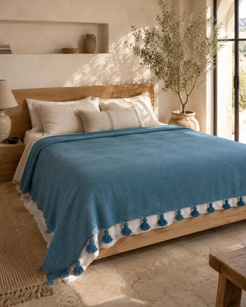 Atlas Teal Tassel bedspread detail, handwoven Moroccan cotton, photo 2