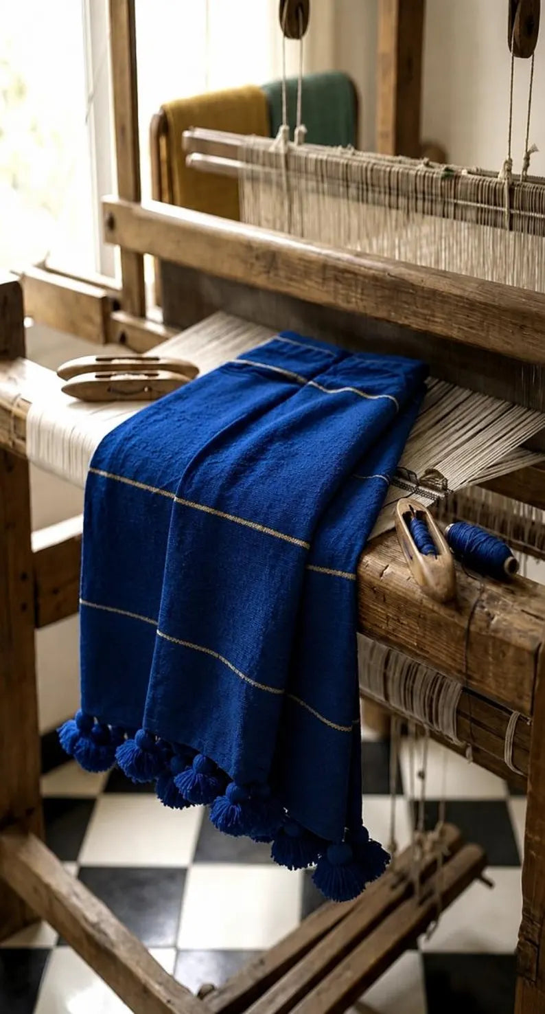 Majorelle Blue Pompom bedspread detail, handwoven Moroccan cotton, photo 3