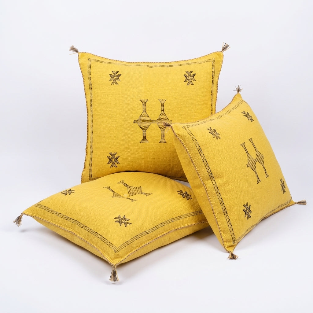 Golden yellow Moroccan sabra cactus silk pillow cover, 50x50 cm