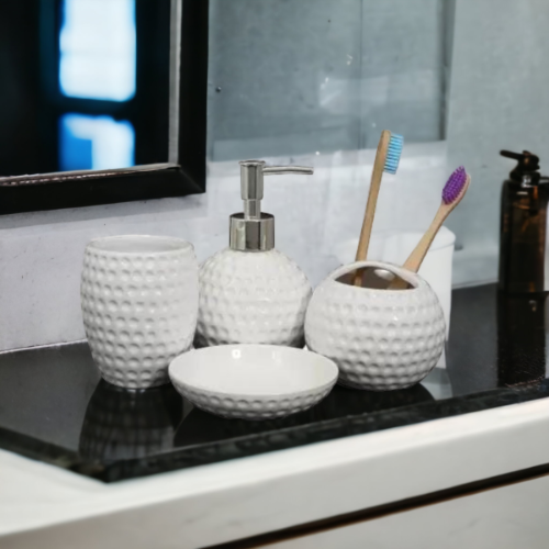 SATSUN Ceramic Honeycomb Bathroom Set (4 Pcs | White)