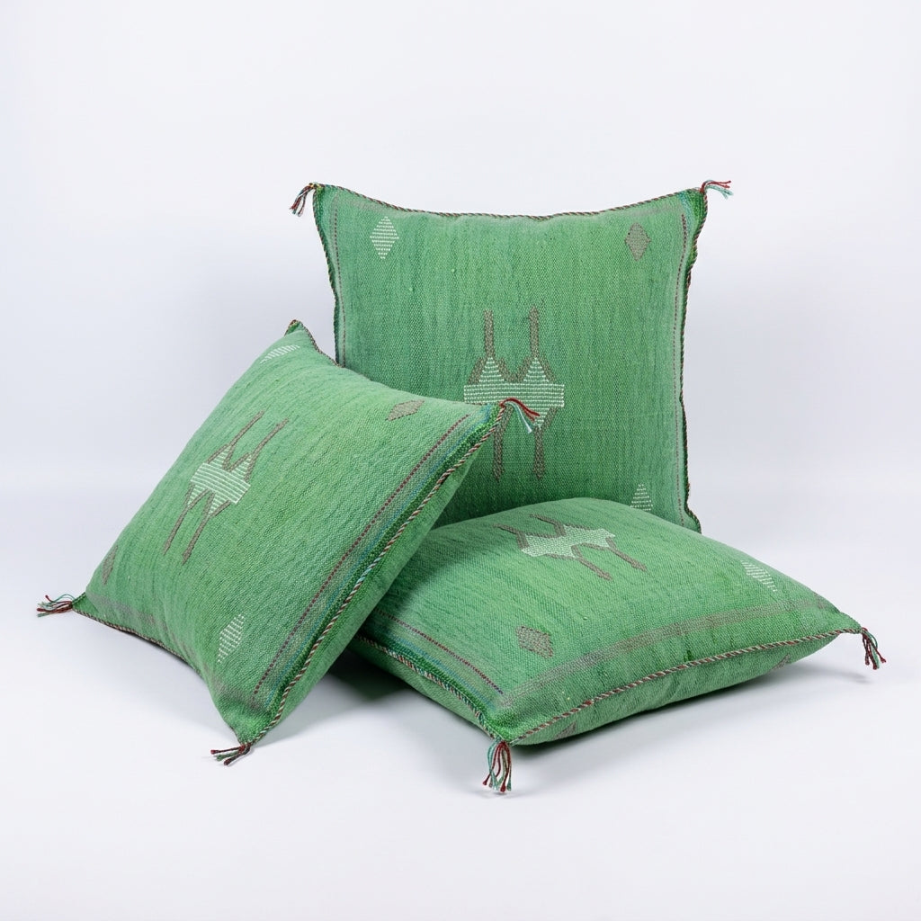 Emerald green Moroccan sabra cactus silk pillow cover, 50x50 cm