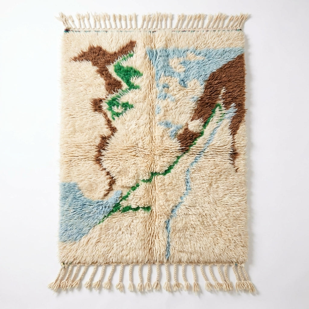 Premium Mrirt rug — plush cream wool with brown, blue and green abstract motifs, flat lay
