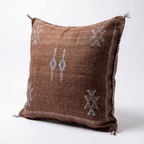 Taupe Moroccan sabra cactus silk pillow with Berber embroidery, 50x50 cm
