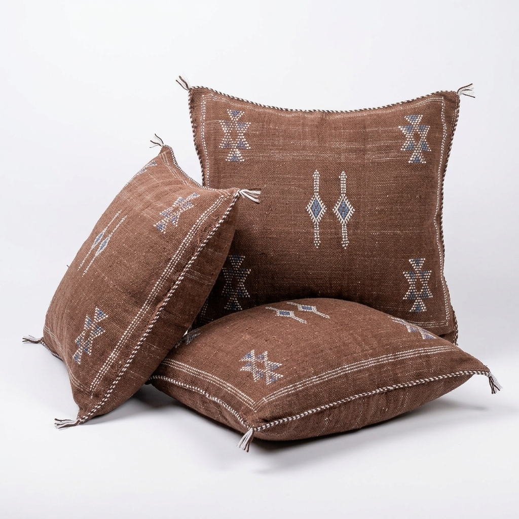 Taupe Moroccan sabra cactus silk pillow with Berber embroidery, 50x50 cm