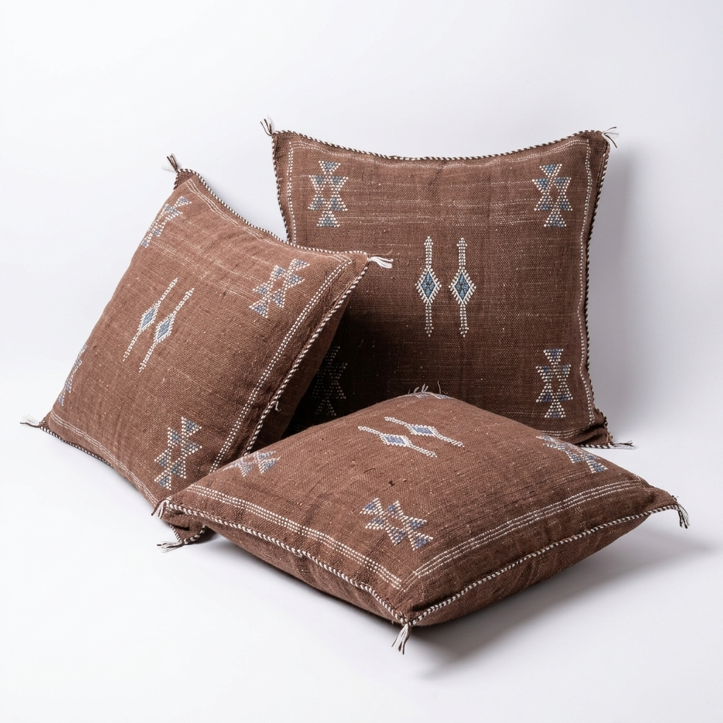 Taupe Moroccan sabra cactus silk pillow with Berber embroidery, 50x50 cm