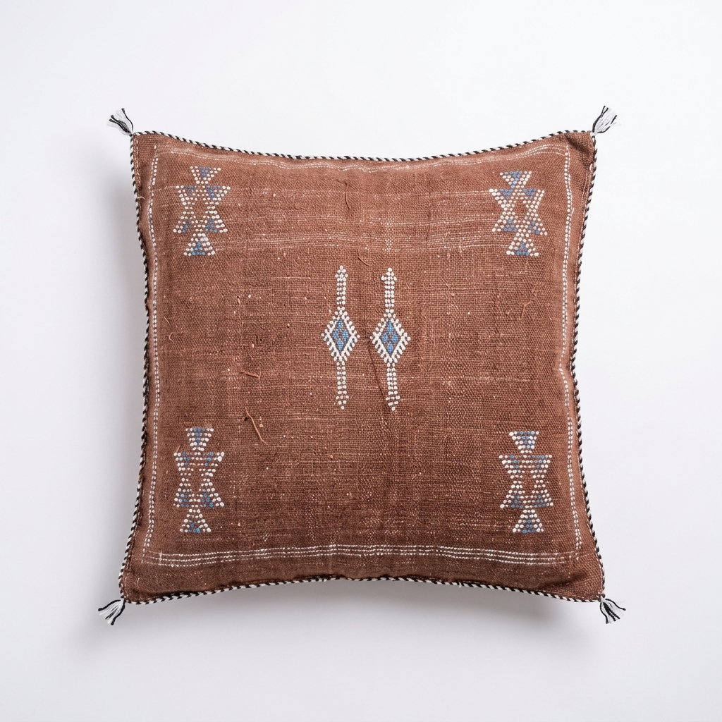 Taupe Moroccan sabra cactus silk pillow with Berber embroidery, 50x50 cm