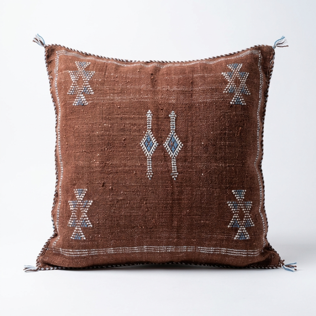 Taupe Moroccan sabra cactus silk pillow with Berber embroidery, 50x50 cm
