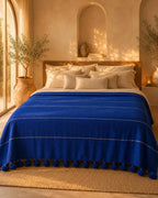 Majorelle Blue Pompom bedspread detail, handwoven Moroccan cotton, photo 6
