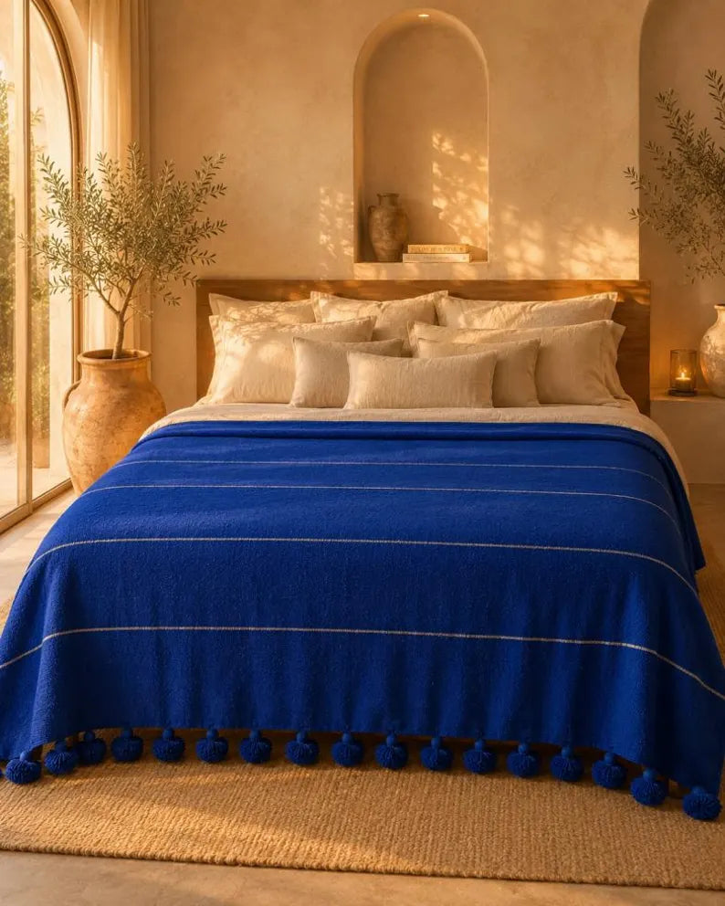 Majorelle Blue Pompom bedspread detail, handwoven Moroccan cotton, photo 6