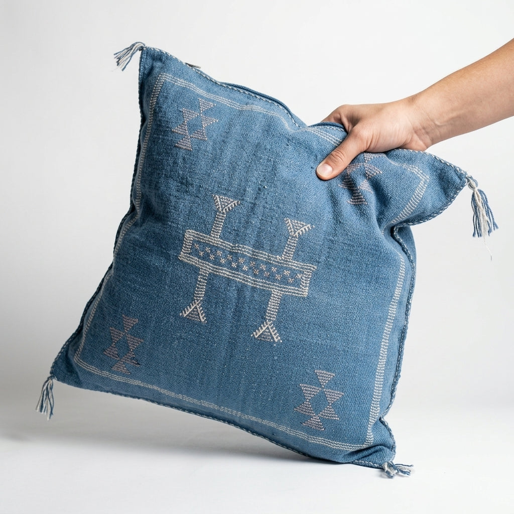 Denim blue Moroccan sabra cactus silk pillow cover, 50x50 cm