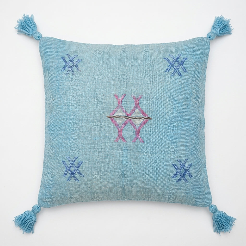 Sky blue Moroccan sabra cactus silk pillow cover, 50x50 cm