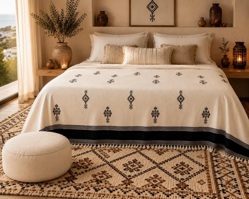 Amazigh Signs bedspread detail, handwoven Moroccan cotton, photo 7