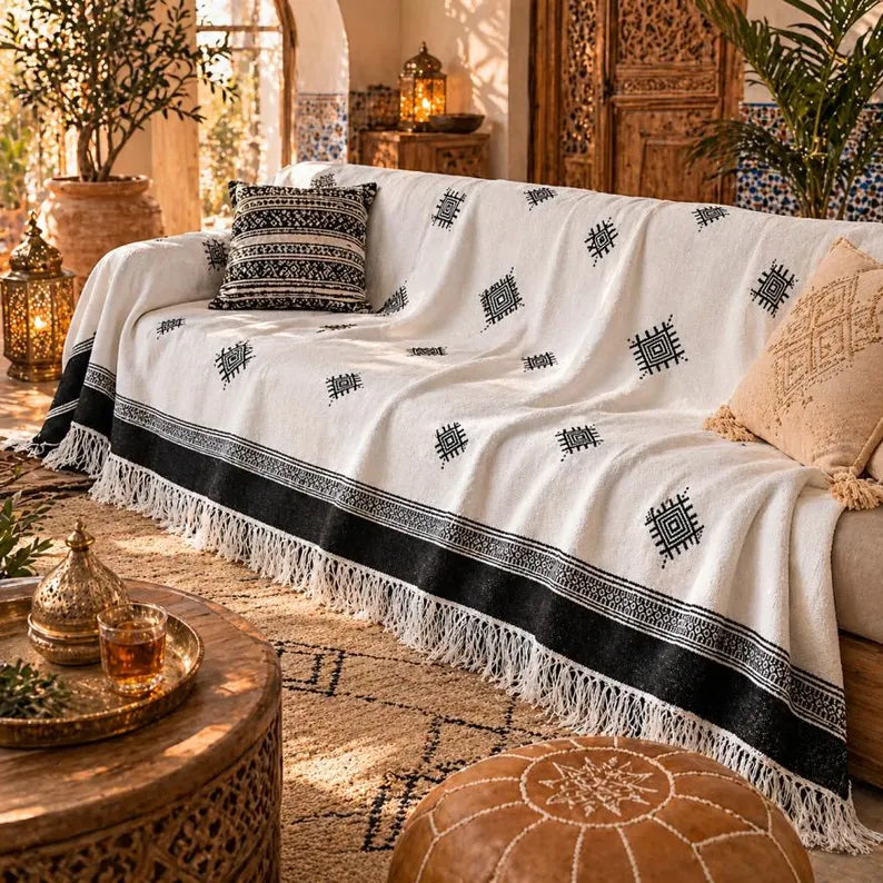 Amazigh Signs bedspread detail, handwoven Moroccan cotton, photo 4
