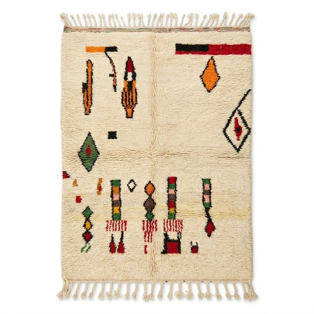 Harvest Symbols Beni Ourain rug flat lay view on white studio background