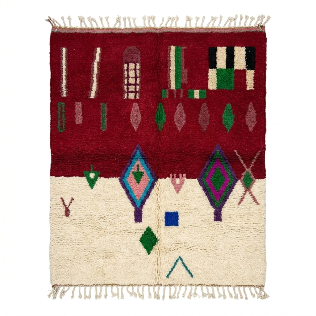 Burgundy and ivory Boujaad rug with green, pink and purple diamond motifs, flat lay