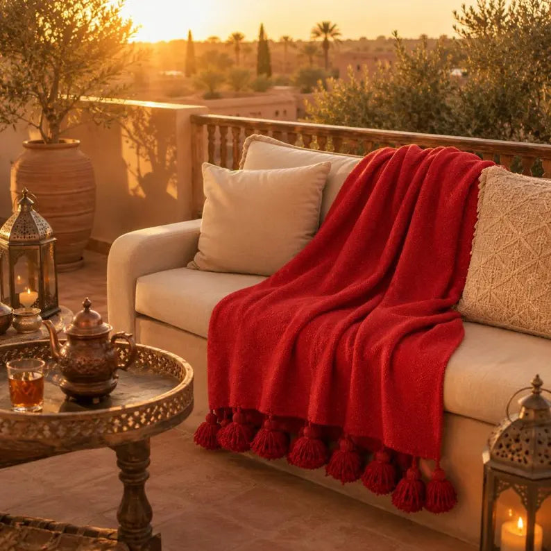 Berber Red Tassel bedspread detail, handwoven Moroccan cotton, photo 7