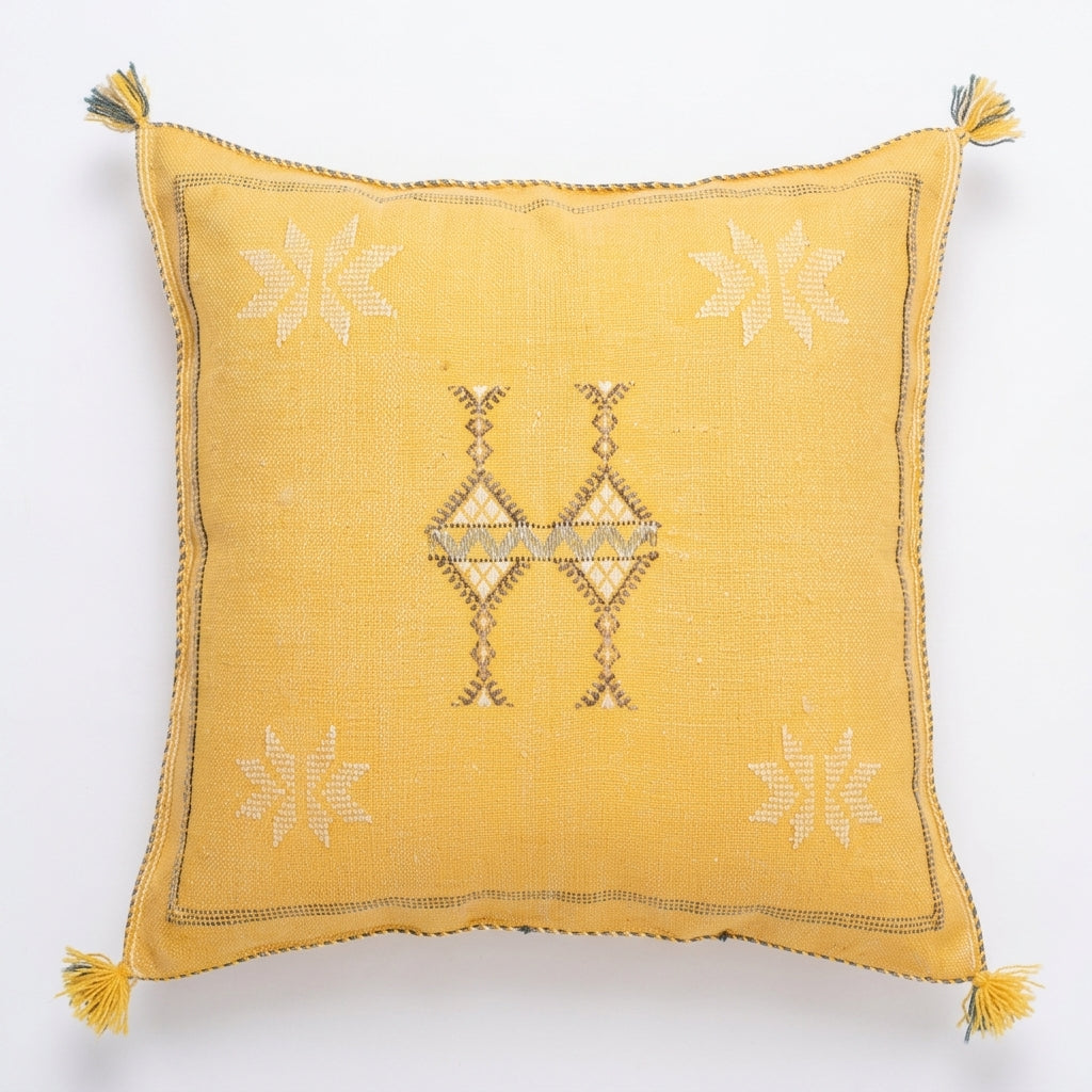 Golden yellow Moroccan sabra cactus silk pillow cover, 50x50 cm
