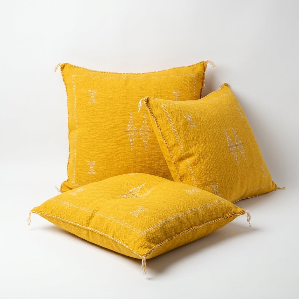 Marigold yellow Moroccan sabra cactus silk pillow cover, 50x50 cm