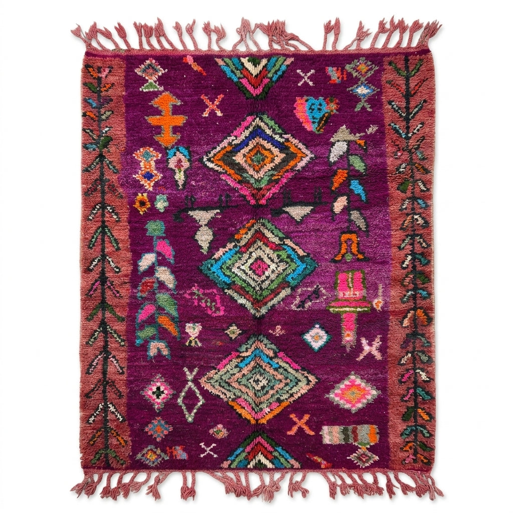 Vivid purple Boujaad rug with multicolor diamonds and dusty pink border, flat lay