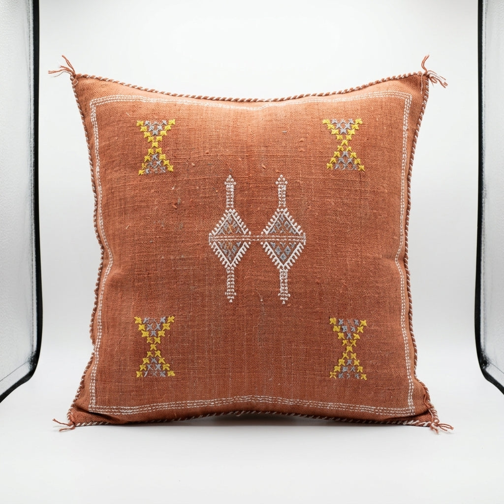 Rust terracotta Moroccan sabra cactus silk pillow cover, 50x50 cm