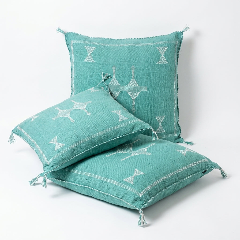 Teal green Moroccan sabra cactus silk pillow cover, 50x50 cm