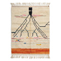 Atlas roots Azilal rug — ivory wool with black branching lines and orange band, flat lay