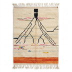 Atlas roots Azilal rug — ivory wool with black branching lines and orange band, flat lay