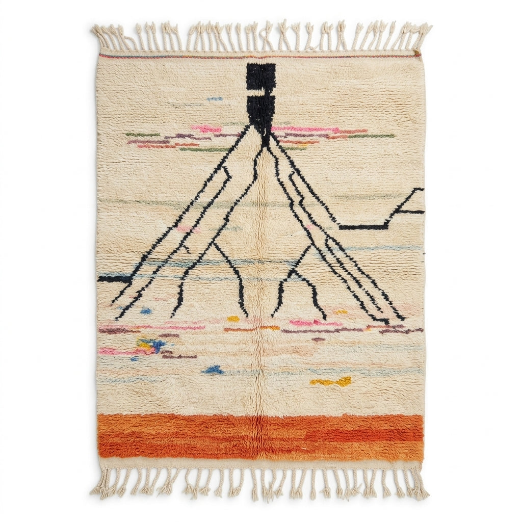 Atlas roots Azilal rug — ivory wool with black branching lines and orange band, flat lay
